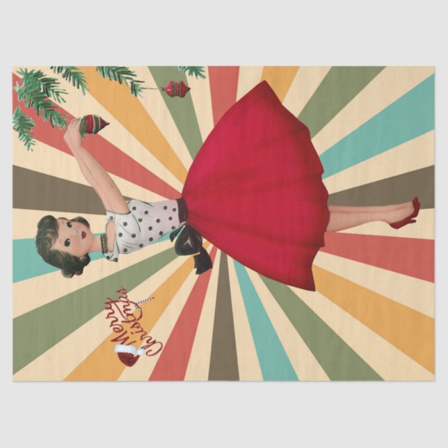 1950 Weihnachtsfrau mit Retro-Hintergrund Seidenpapier (Vorderseite)