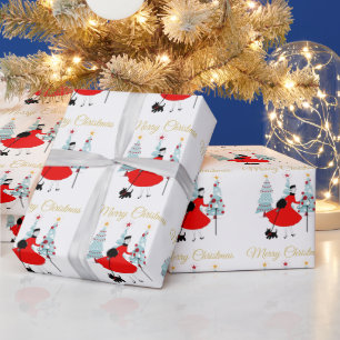 1950 Weihnachtsfrau mit schottischer Terrior Geschenkpapier