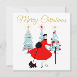 1950 Weihnachtsfrau mit schottischer Terrior Karte