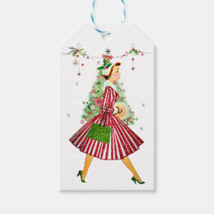 1950 Weihnachtsfrau mit Weihnachtsbaum Geschenkanhänger