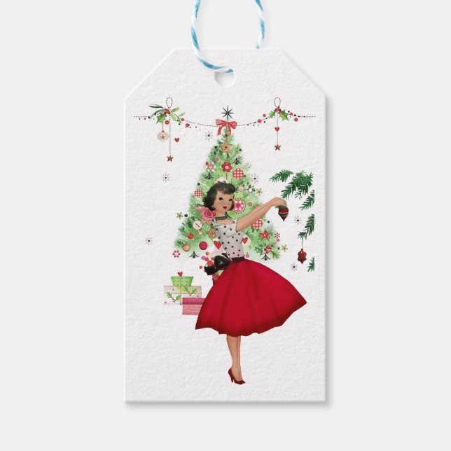 1950 Weihnachtsfrau mit Weihnachtsbaum Geschenkanhänger (Vorderseite)