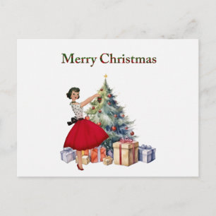 1950 Weihnachtsfrau mit Weihnachtsbaum Postkarte