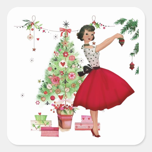 1950 Weihnachtsfrau mit Weihnachtsbaum Quadratischer Aufkleber (Vorderseite)