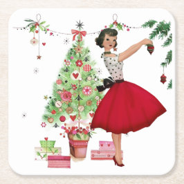 1950 Weihnachtsfrau mit Weihnachtsbaum Rechteckiger Pappuntersetzer