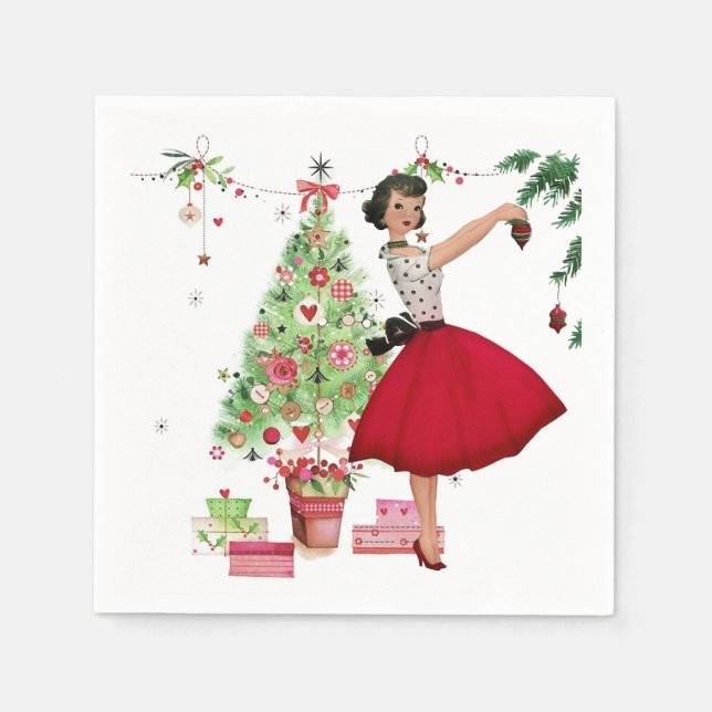 1950 Weihnachtsfrau mit Weihnachtsbaum Serviette (Vorderseite)