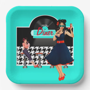 1950er Diner aquamarines schwarz-weißes Retro Pappteller
