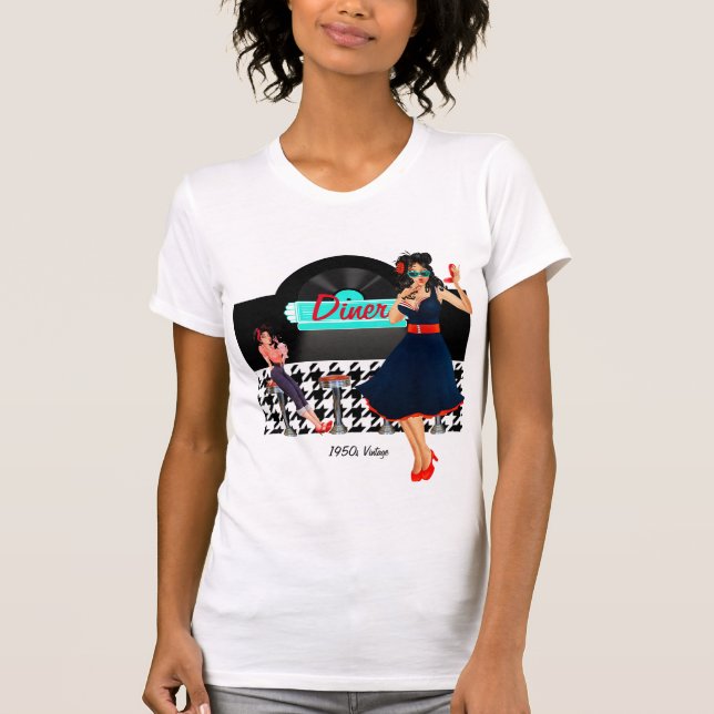 1950er Diner aquamarines schwarz-weißes Retro T-Shirt (Vorderseite)