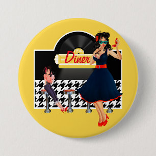1950er Diner gelb, schwarz und weiß kariert Button