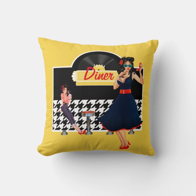 1950er Diner gelb, schwarz und weiß kariert Kissen (Vorderseite)