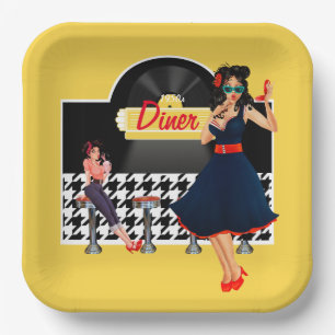 1950er Diner gelb, schwarz und weiß kariert Pappteller