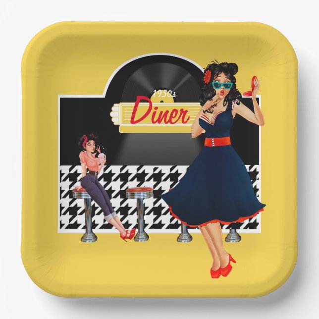 1950er Diner gelb, schwarz und weiß kariert Pappteller (Vorderseite)
