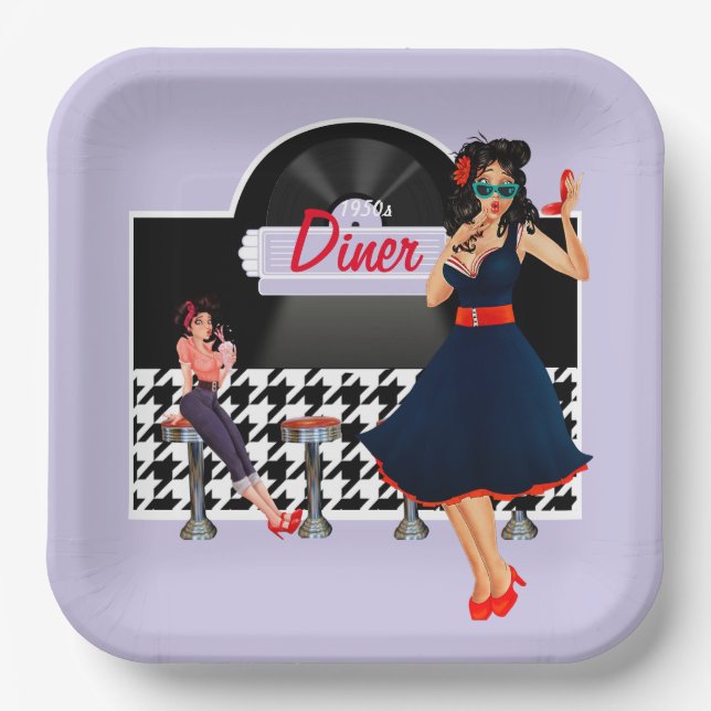 1950er Diner Lavendel schwarz-weiß kariert Pappteller (Vorderseite)