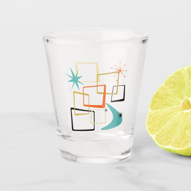 1950er Jahre Atomic Squares Stars Boomerang Mitte  Schnapsglas (Vorderseite)