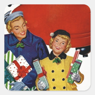 1950er Jahre Mutter und Tochter beim Weihnachtsein Quadratischer Aufkleber