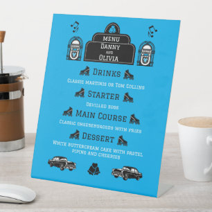 1950er Retro-Diner-Hochzeitsmenü Sockelschild