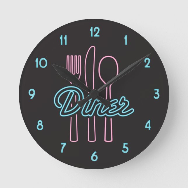 1950s Neon Diner Pink, Blue Silverware Round Clock Runde Wanduhr (Vorderseite)