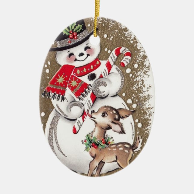 1950s Vintage Snowman With Baby Deer Keramikornament (Vorne)