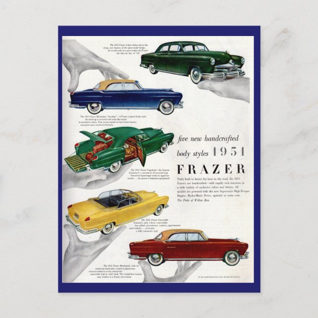 1951 Frazer-Automobilanzeige Postkarte (Vorderseite)
