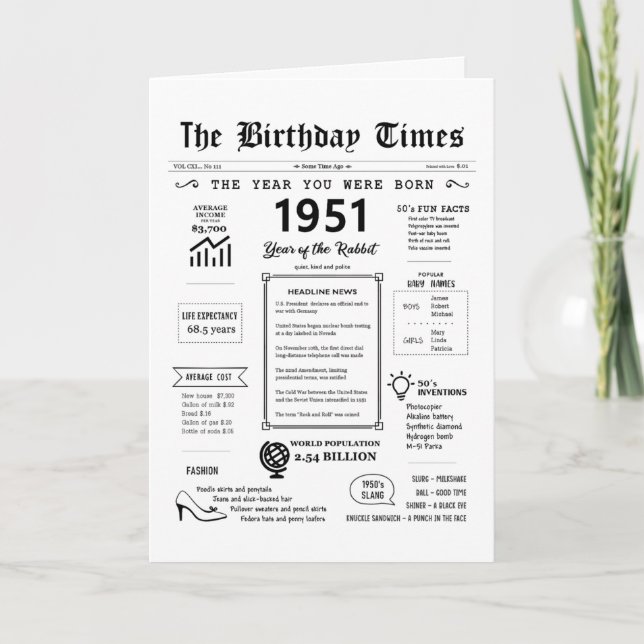 1951 L'Année De Votre Naissance Carte D'Anniversai (Devant)