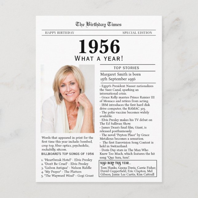 1956 Newspaper Birthday  Postkarte (Vorderseite)