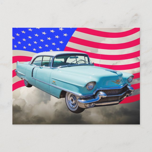 1956 Sedan Deville Cadillac und amerikanische Flag Postkarte (Vorderseite)