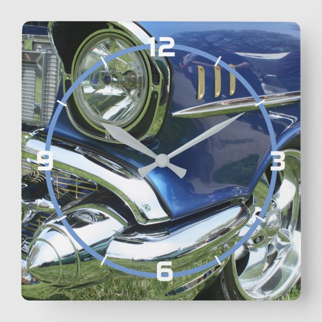 1957 Blue Chevy Custom Car, weiße Zahlen Quadratische Wanduhr (Vorderseite)