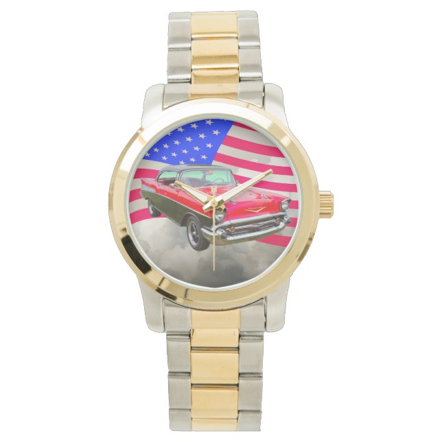 1957 Chevrolet Bel Air und amerikanische Flagge Armbanduhr (Vorderseite)