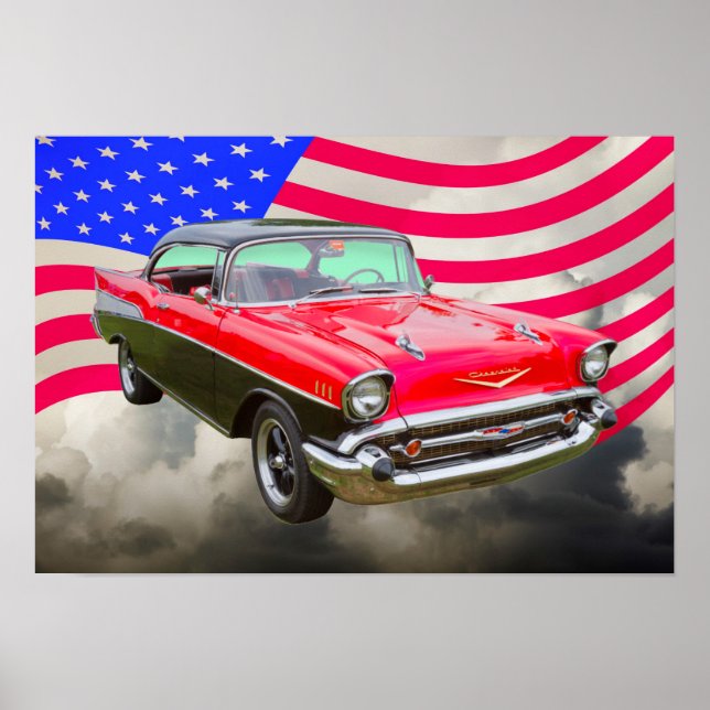 1957 Chevrolet Bel Air und amerikanische Flagge Poster (Vorne)
