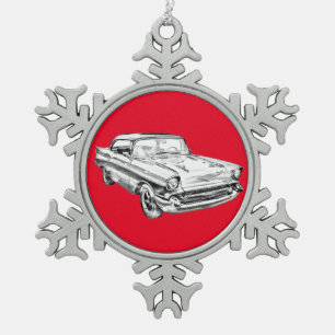 1957 Chevy Bel Air Classic Car Illustration Schneeflocken Zinn-Ornament