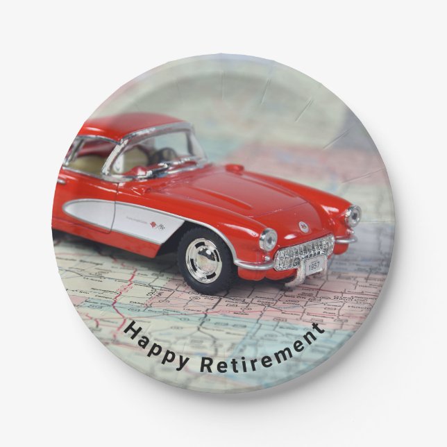 1957 rote Corvette auf Karte Pensionierung Pappteller (Vorderseite)