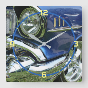 1957er blauer Chevy Custom Car, gelbe Nummern Quadratische Wanduhr