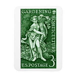 1958 im Garten arbeitend + Gartenbau-Briefmarke Magnet