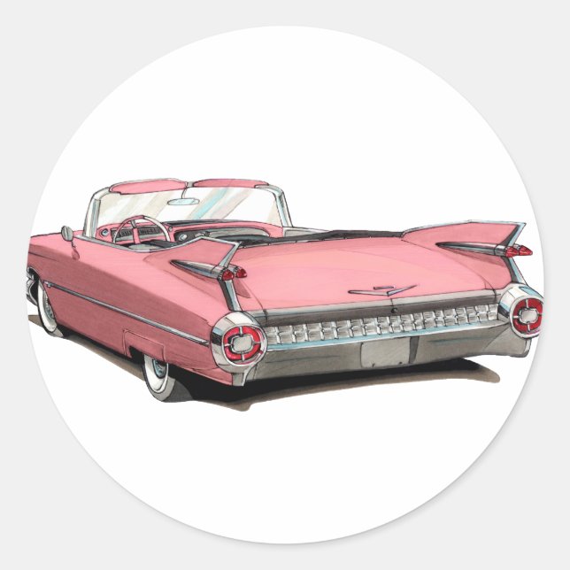 1959 Cadillac Pink Car Runder Aufkleber (Vorderseite)
