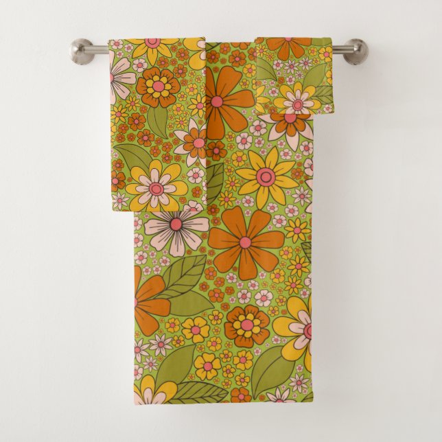 1960er, 1970er Jahre, grün & orange Retro floral Badhandtuch Set (Insitu)