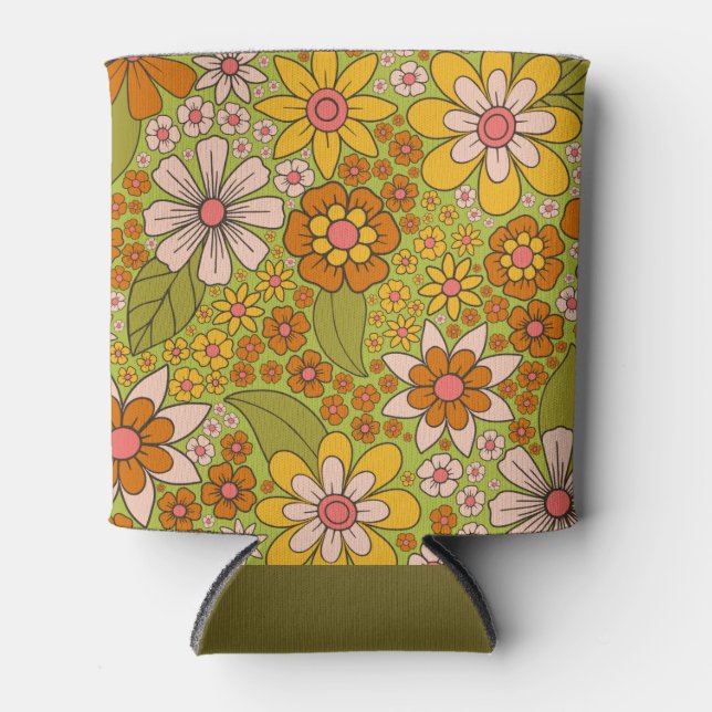 1960er, 1970er Jahre, grün & orange Retro floral Dosenkühler (Vorderseite)