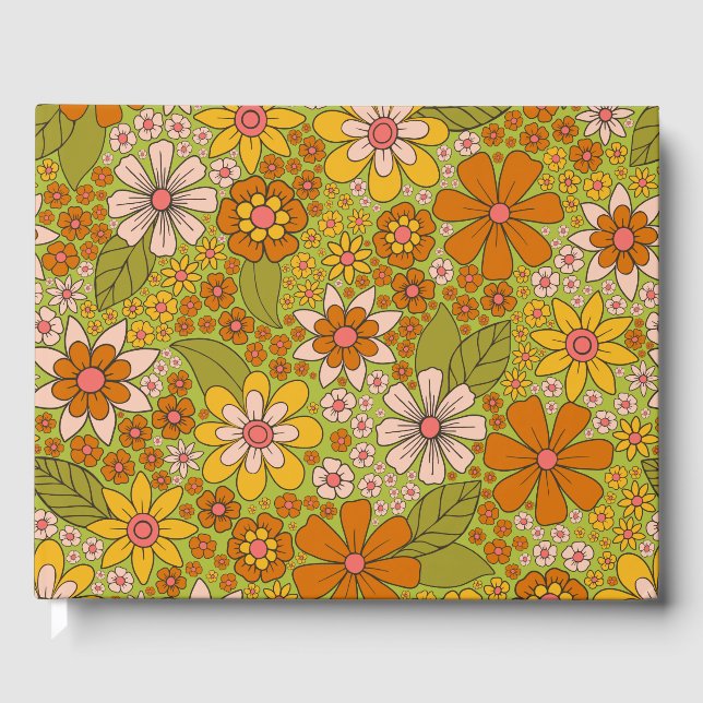 1960er, 1970er Jahre, grün & orange Retro floral Gästebuch (Vorderseite)