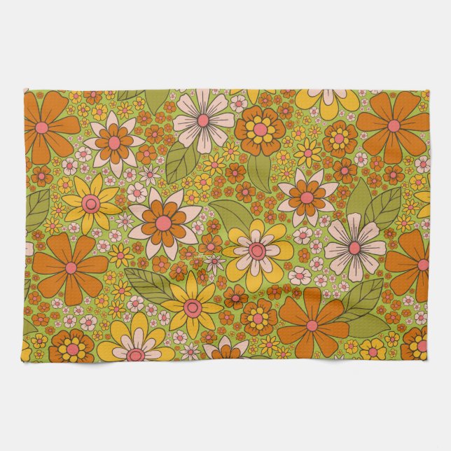 1960er, 1970er Jahre, grün & orange Retro floral Geschirrtuch (Horizontal)