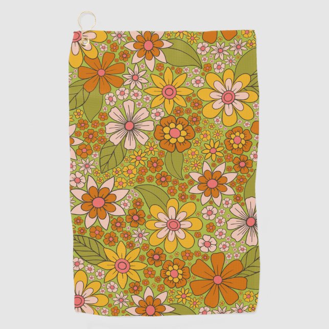 1960er, 1970er Jahre, grün & orange Retro floral Golfhandtuch (Vorderseite)