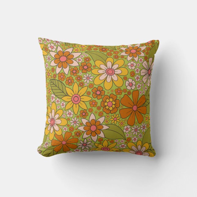 1960er, 1970er Jahre, grün & orange Retro floral Kissen (Vorderseite)