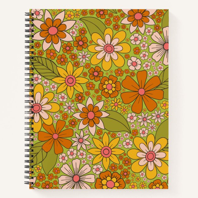 1960er, 1970er Jahre, grün & orange Retro floral Notizbuch (Vorderseite)