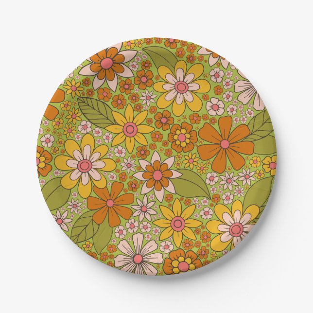 1960er, 1970er Jahre, grün & orange Retro floral Pappteller (Vorderseite)
