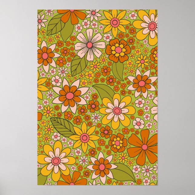 1960er, 1970er Jahre, grün & orange Retro floral Poster (Vorne)