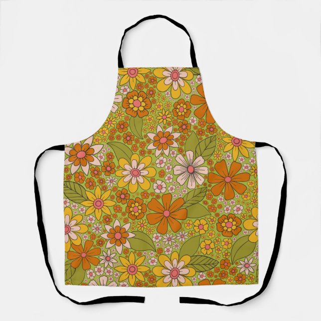 1960er, 1970er Jahre, grün & orange Retro floral Schürze (Vorderseite)