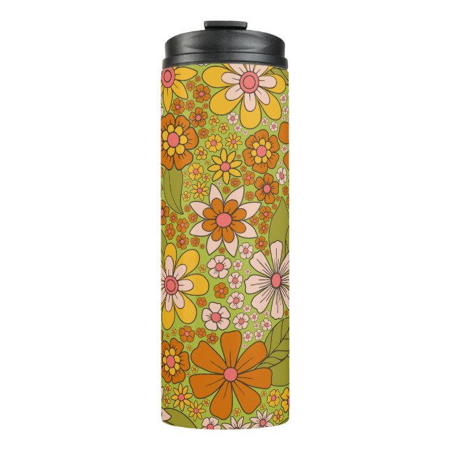 1960er, 1970er Jahre, grün & orange Retro floral Thermosbecher (Vorderseite)