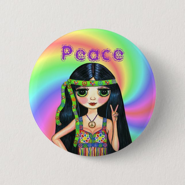 1960er-Friedenssignatur-Hippie-Mädchen mit Headban Button (Vorderseite)