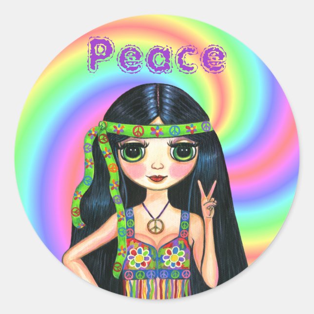 1960er-Friedenssignatur-Hippie-Mädchen mit Headban Runder Aufkleber (Vorderseite)