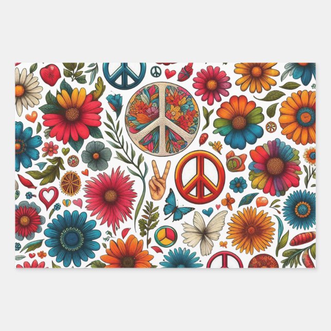 1960er Hippie Couple Blume Child Peace & Liebe art Geschenkpapier Set (Vorderseite 3)