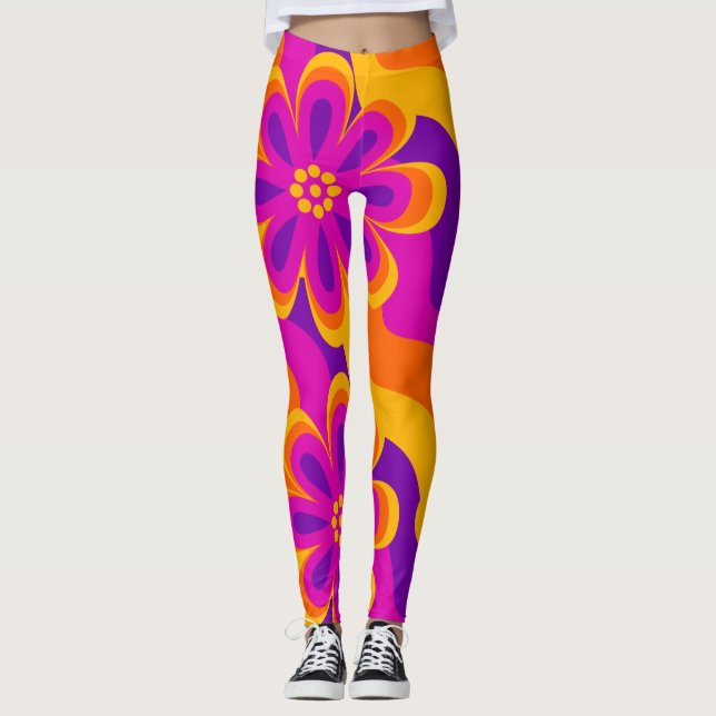 1960s 1970s Style Flowers & Waves Leggings Motifs (Devant)