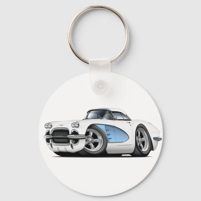 1961 Corvette White-Blue Car Schlüsselanhänger (Vorderseite)
