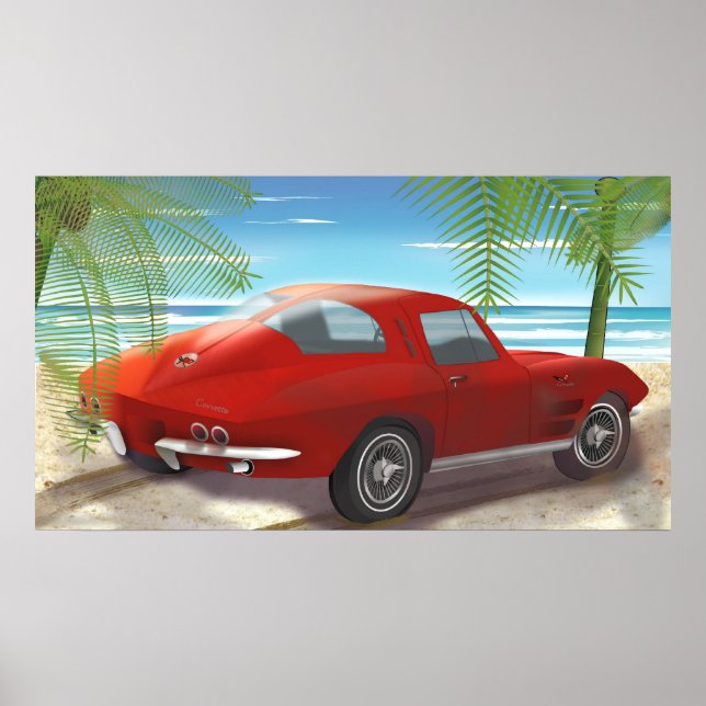 1963 Zeichnend Corvette Beach Scene Poster (Vorne)